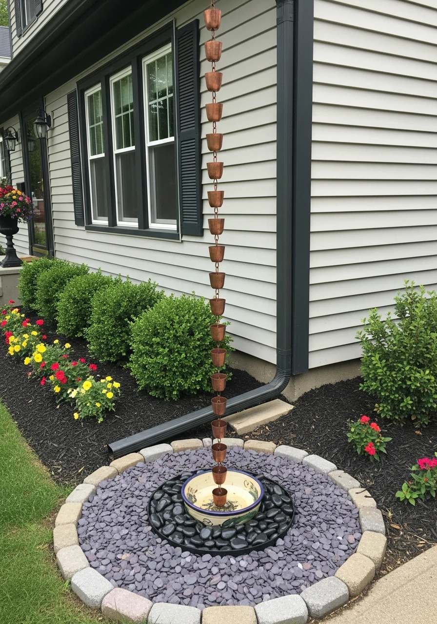 Rain Chain Feature - 50 Budget-Friendly Front Yard Landscaping Ideas for Instant Curb Appeal