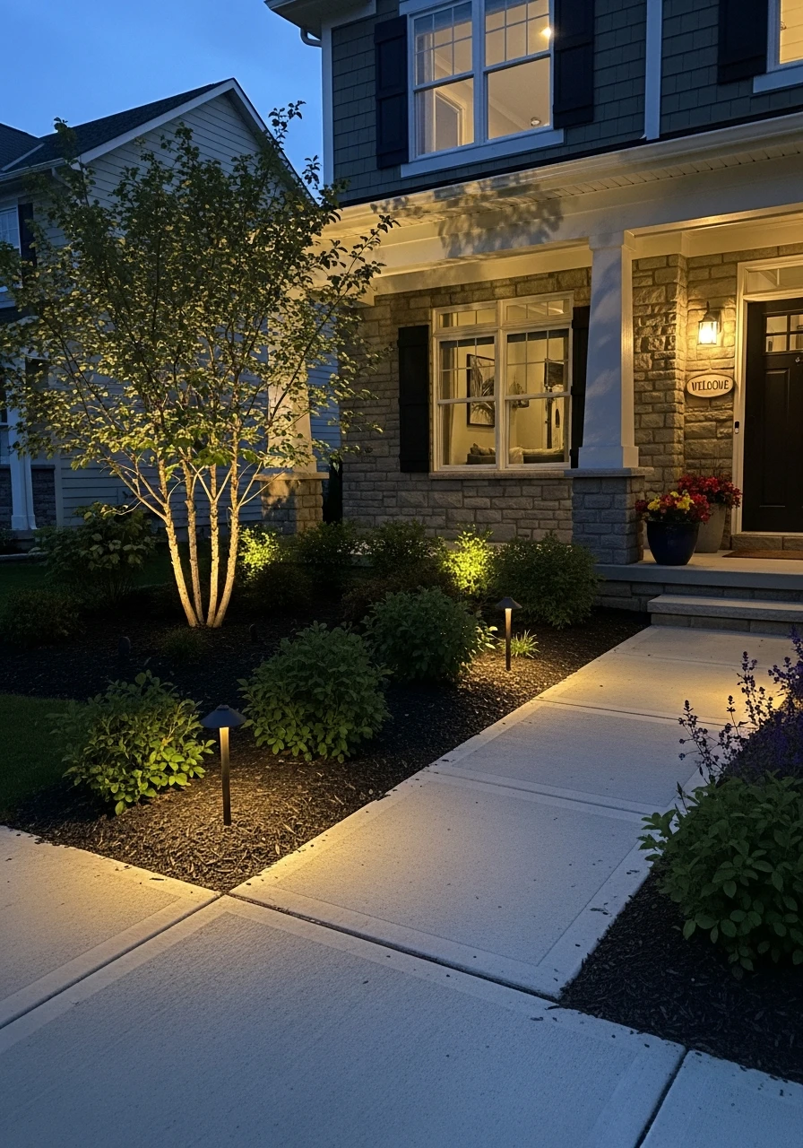 Warm Ambient Lighting - 50 Budget-Friendly Front Yard Landscaping Ideas for Instant Curb Appeal