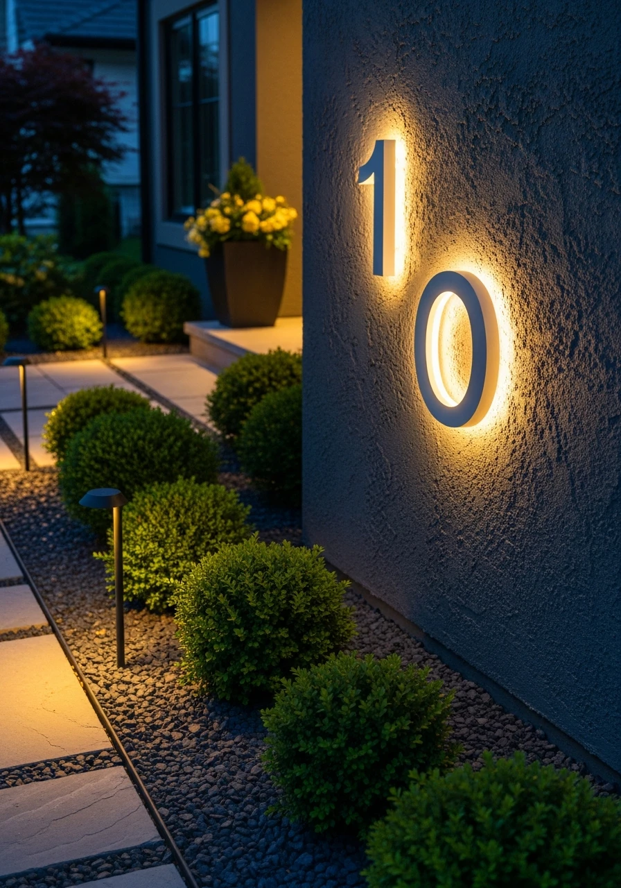 Illuminated House Numbers - 50 Budget-Friendly Front Yard Landscaping Ideas for Instant Curb Appeal