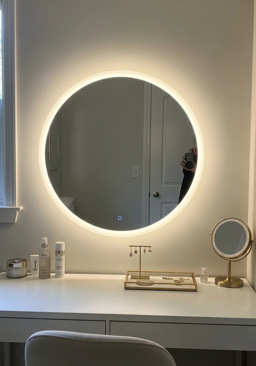 Round Halo Mirror - 50 Best Makeup Vanity Ideas