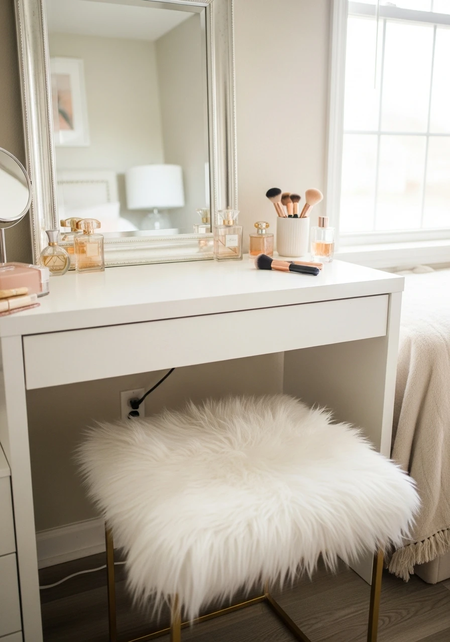 Faux Fur Stool - 50 Best Makeup Vanity Ideas