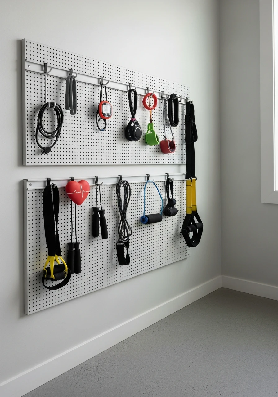 Pegboard Wall System - mini gym at home ideas