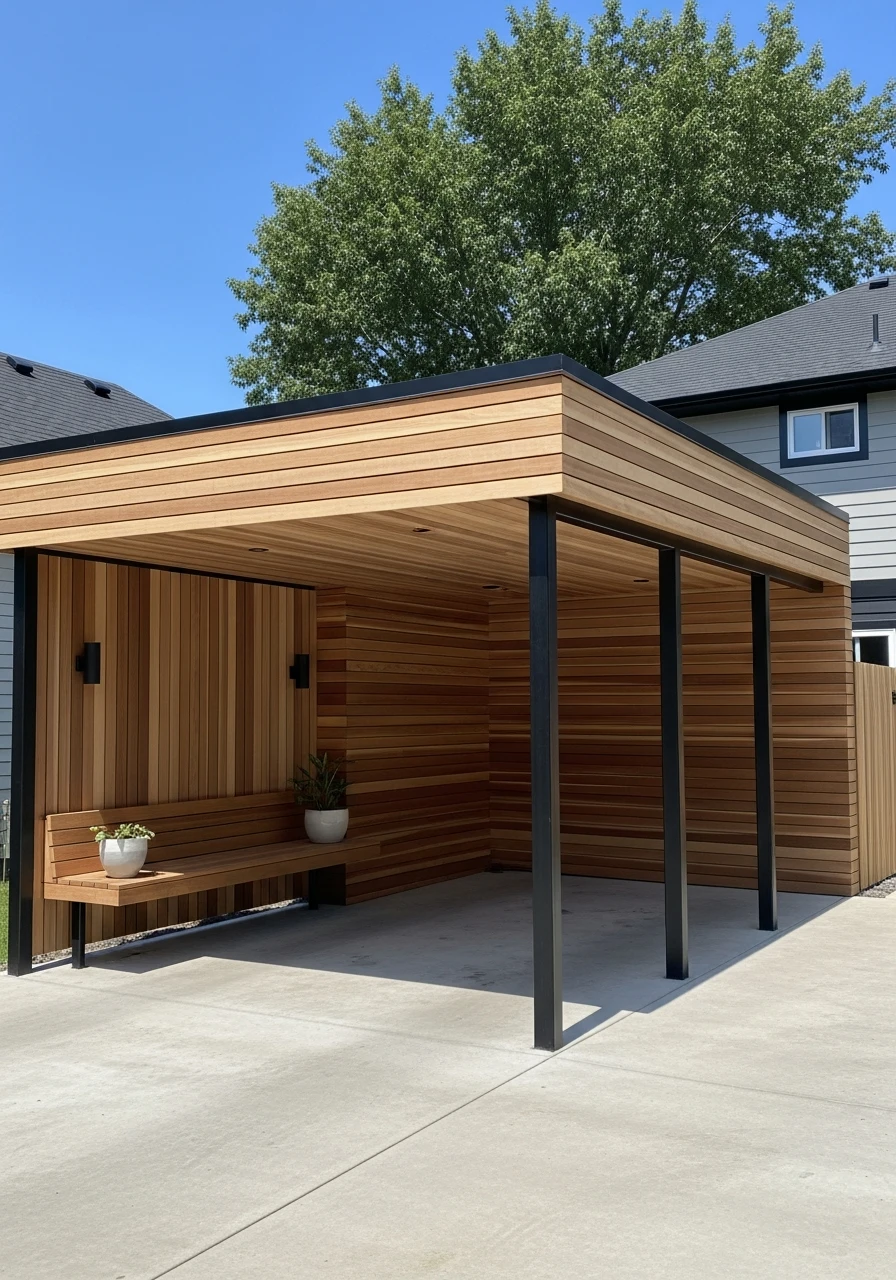 Covered Outdoor Seating - 50 Modern Carport Ideas for High-End Curb Appeal