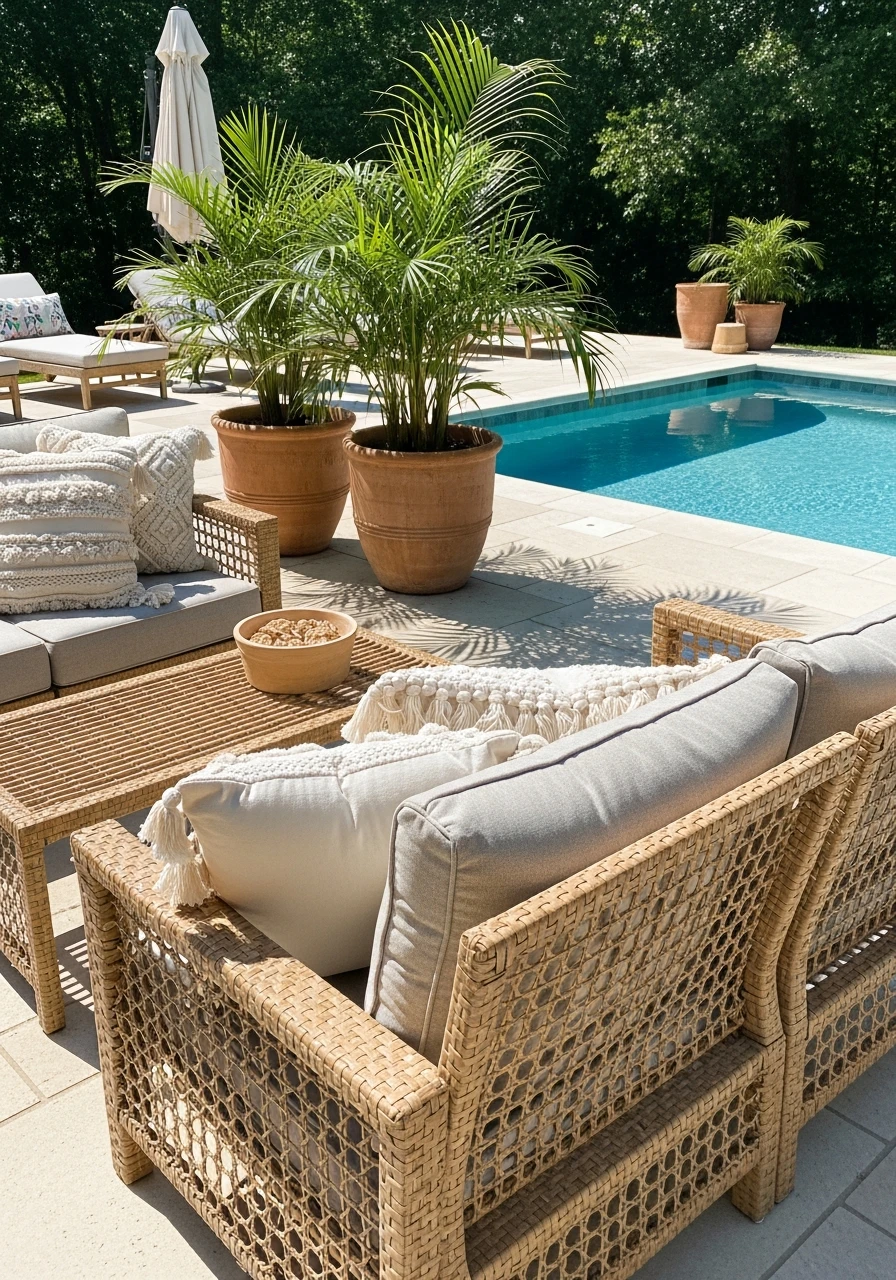Woven Rattan Seating - 50 Pool Deck Decorating Ideas for a High-End Look on a Budget