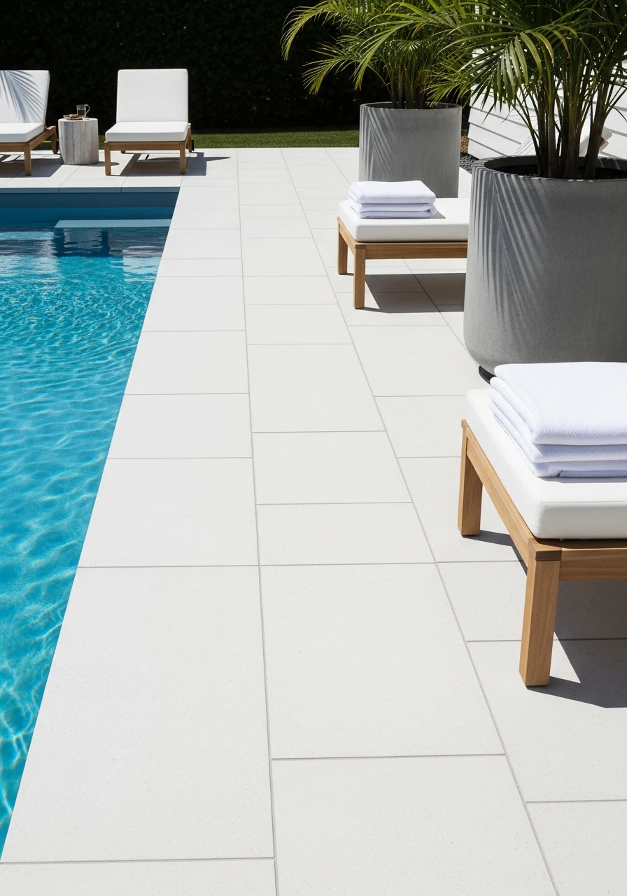 White Porcelain Pavers - 50 Pool Deck Decorating Ideas for a High-End Look on a Budget
