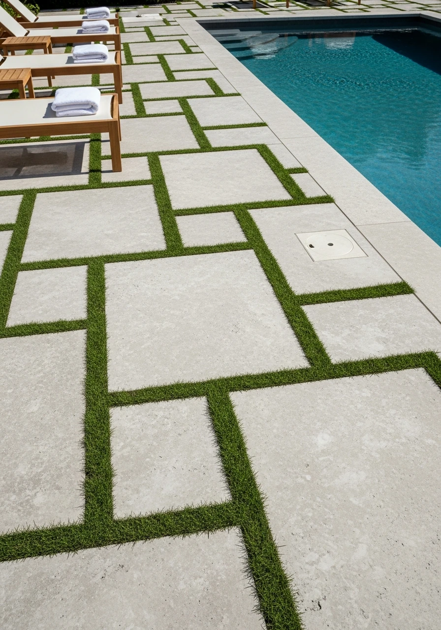 Stone and Grass Inlay - 50 Pool Deck Decorating Ideas for a High-End Look on a Budget