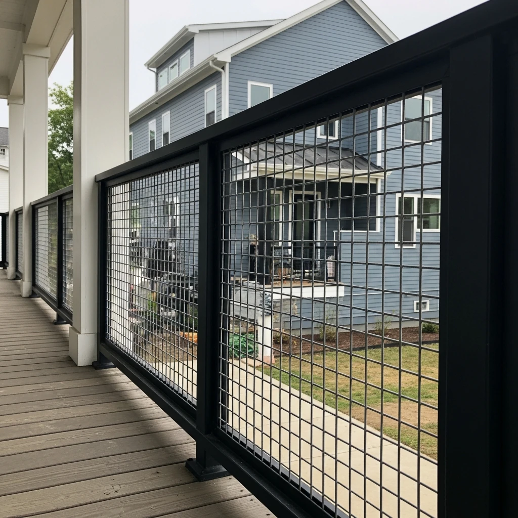 Industrial Mesh Panel Railing - 50 Porch Railing Ideas for a Budget-Friendly Upgrade