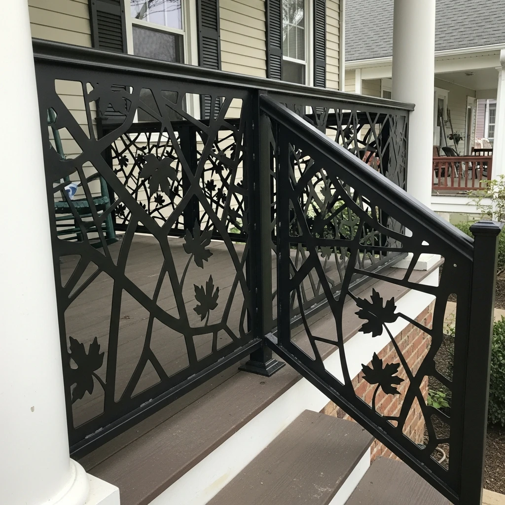 Laser-Cut Metal Panel - 50 Porch Railing Ideas for a Budget-Friendly Upgrade