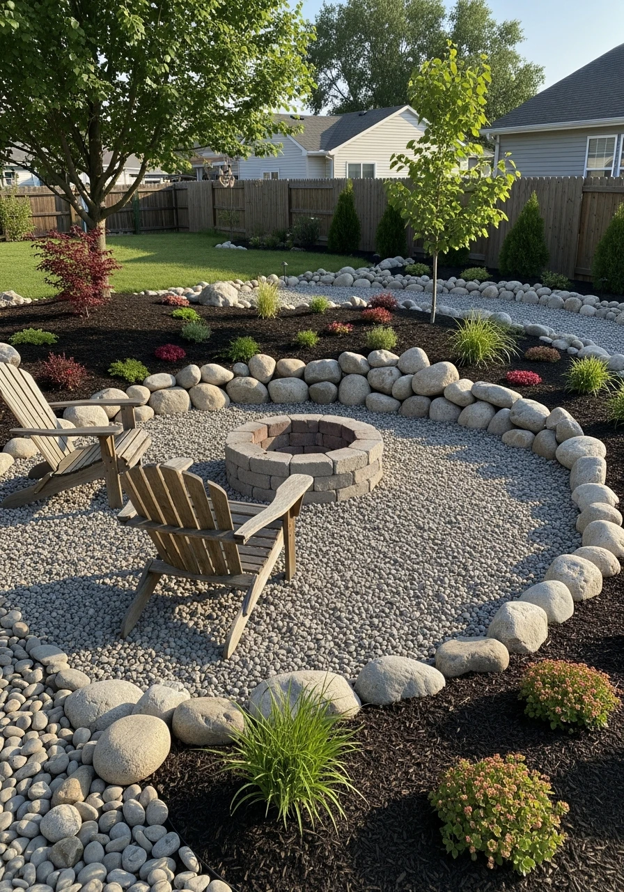 River Rock Fire Pit Area - 50 Gorgeous Rock Garden Landscaping Ideas You Can Do