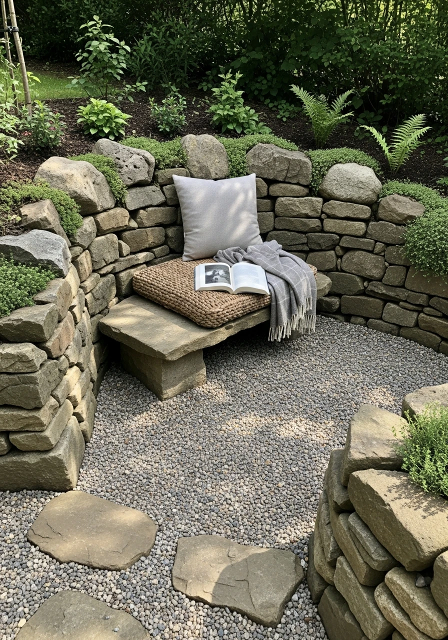 Cozy Stone Seating Spot - 50 Gorgeous Rock Garden Landscaping Ideas You Can Do