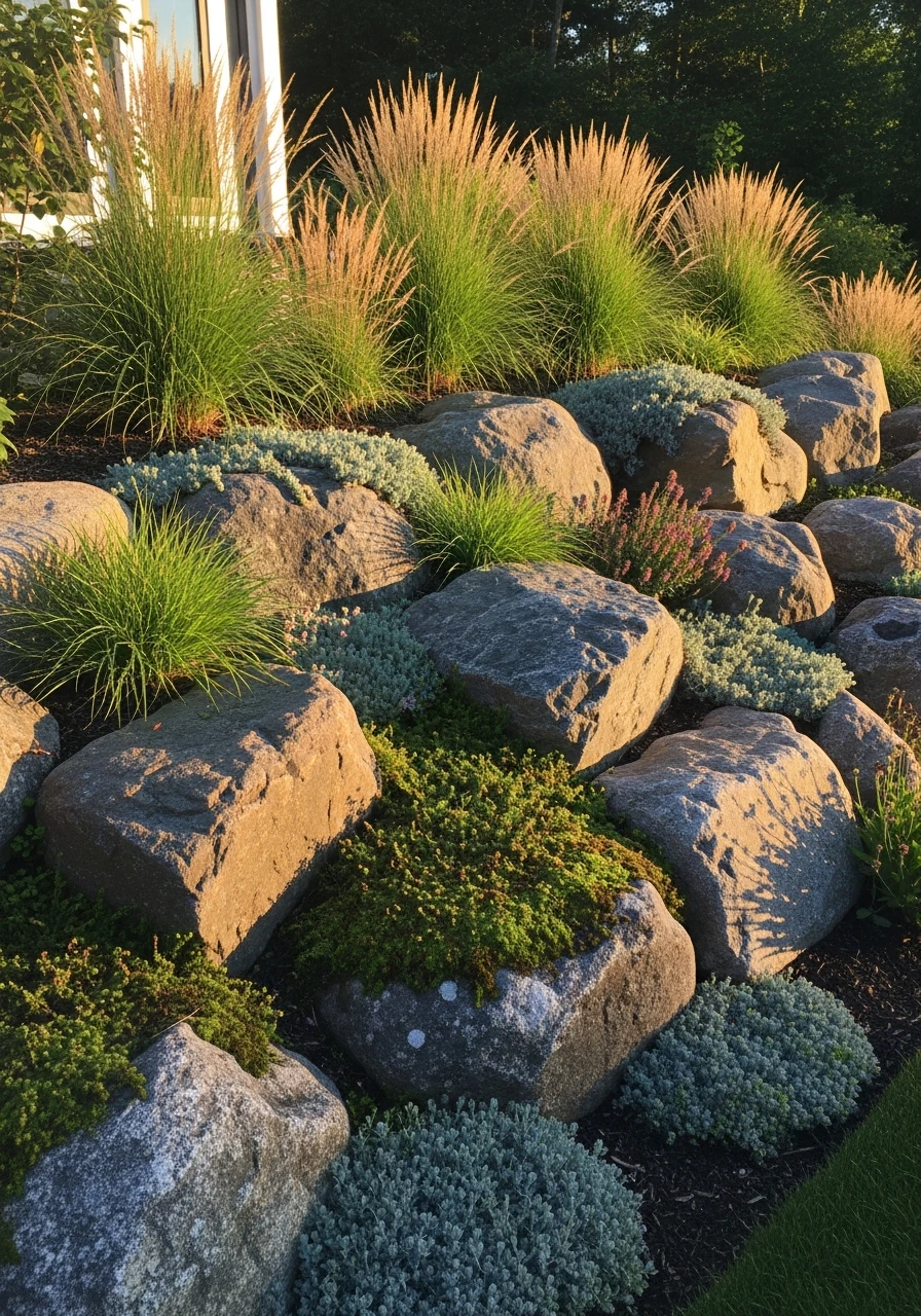 Group Rocks with Tall Grass - 50 Gorgeous Rock Garden Landscaping Ideas You Can Do