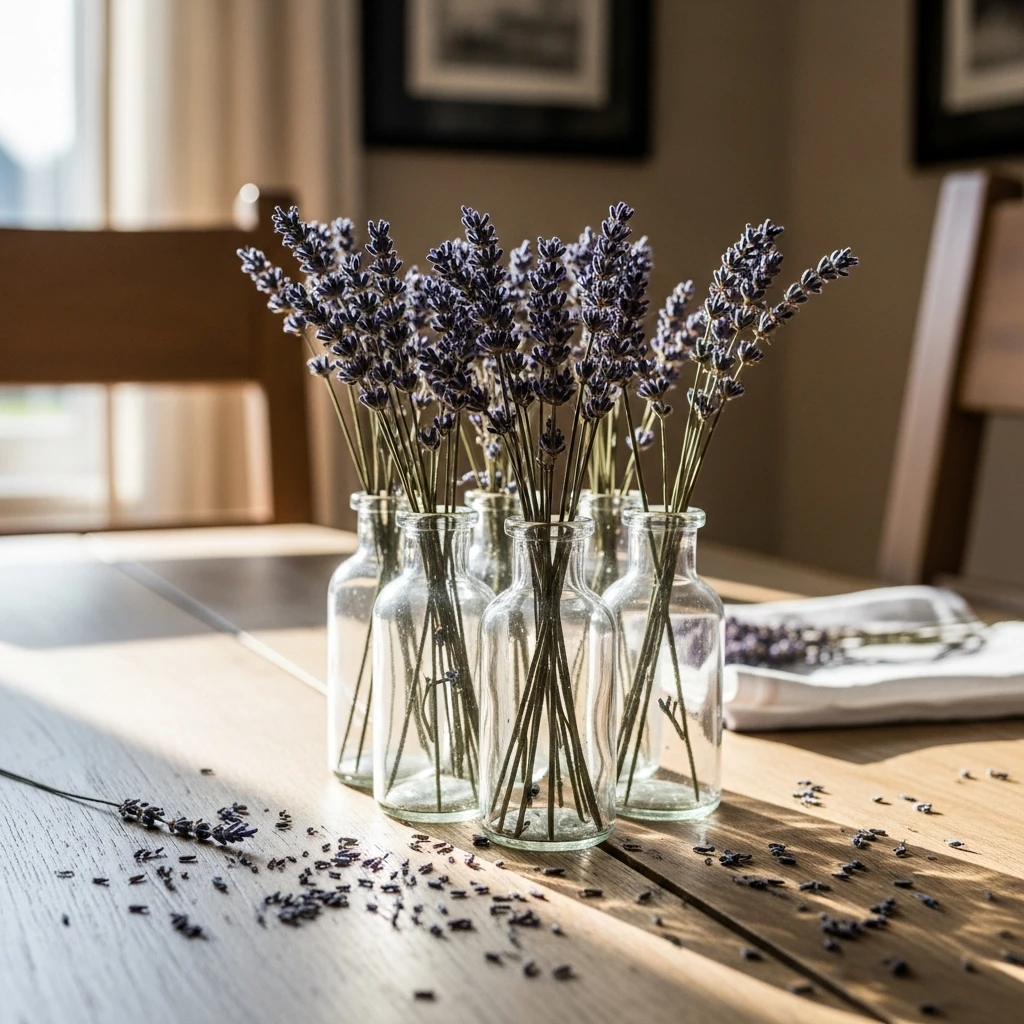 Lavender In Glass Bottles - 50 Easy Spring Centerpiece Ideas That Look High-End