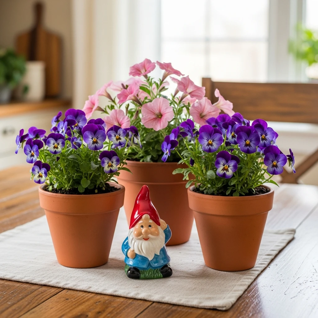 Gnome And Potted Flowers - 50 Easy Spring Centerpiece Ideas That Look High-End