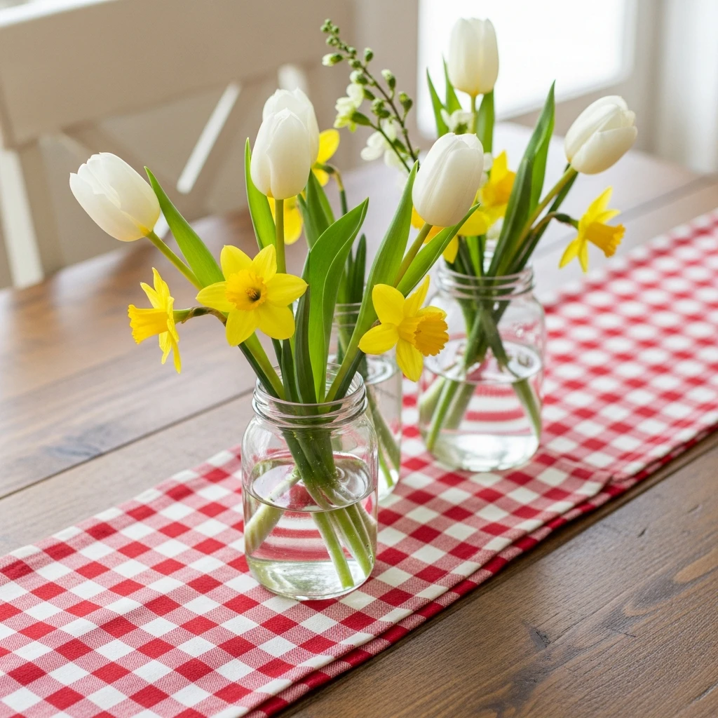 Gingham Cloth And Jars - 50 Easy Spring Centerpiece Ideas That Look High-End