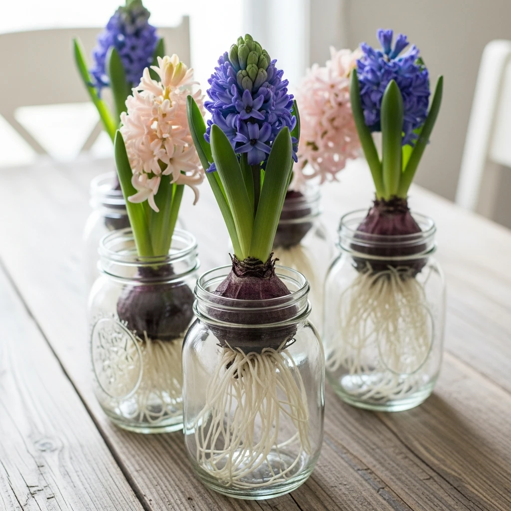 Hyacinths In Rustic Jars - 50 Easy Spring Centerpiece Ideas That Look High-End