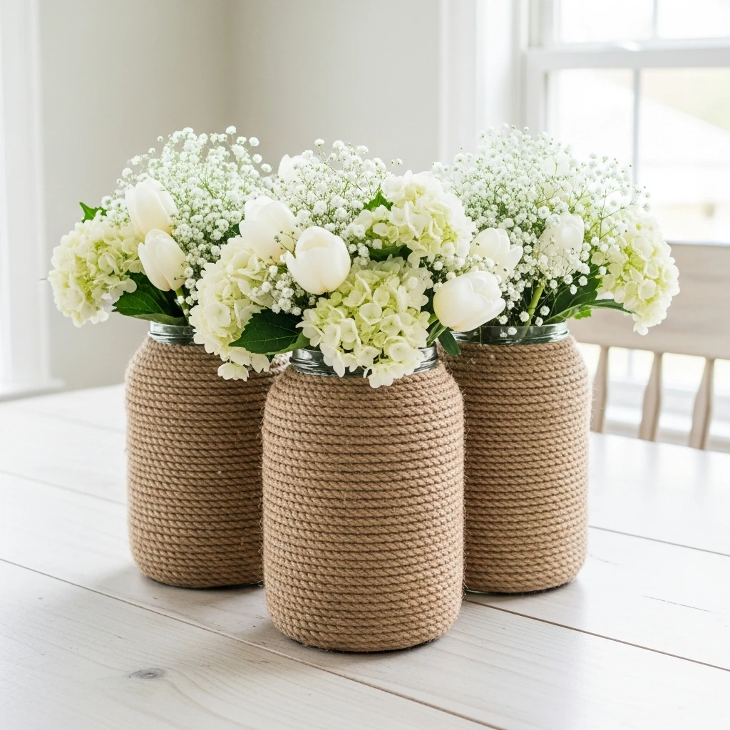 Coastal Rope Flower Jars - 50 Easy Spring Centerpiece Ideas That Look High-End