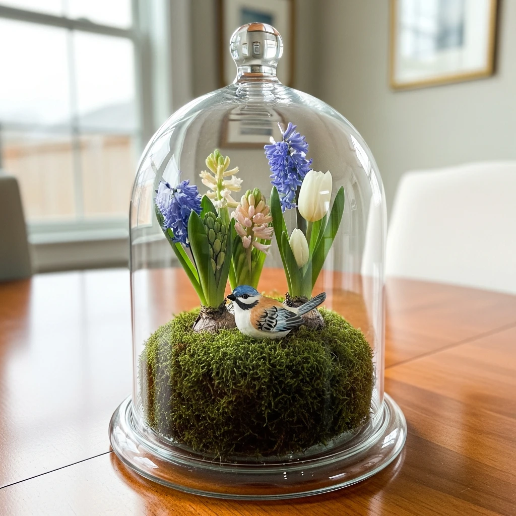 Cloche Over Moss And Flowers - 50 Easy Spring Centerpiece Ideas That Look High-End