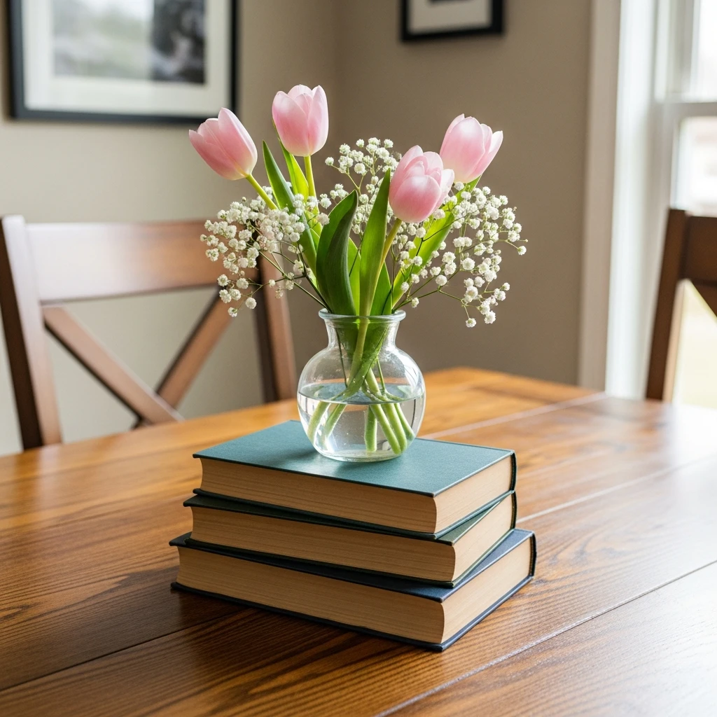 Books Stacked With Flowers - 50 Easy Spring Centerpiece Ideas That Look High-End