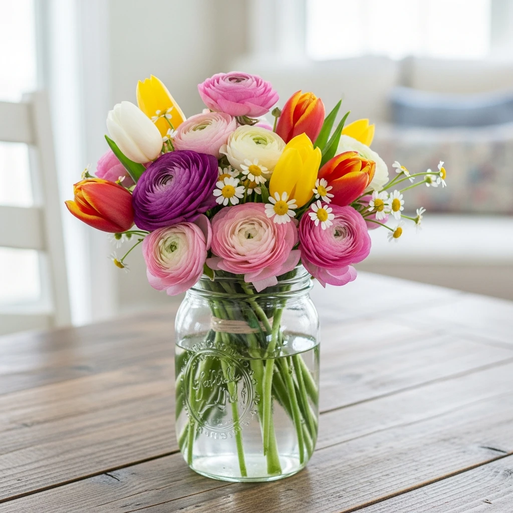Farmhouse Mixed Flower Jars - 50 Easy Spring Centerpiece Ideas That Look High-End