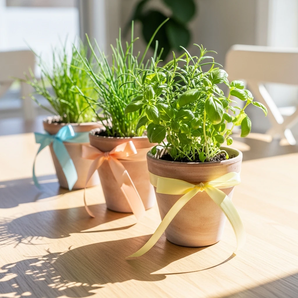 Ribbons On Herb Pots - 50 Easy Spring Centerpiece Ideas That Look High-End