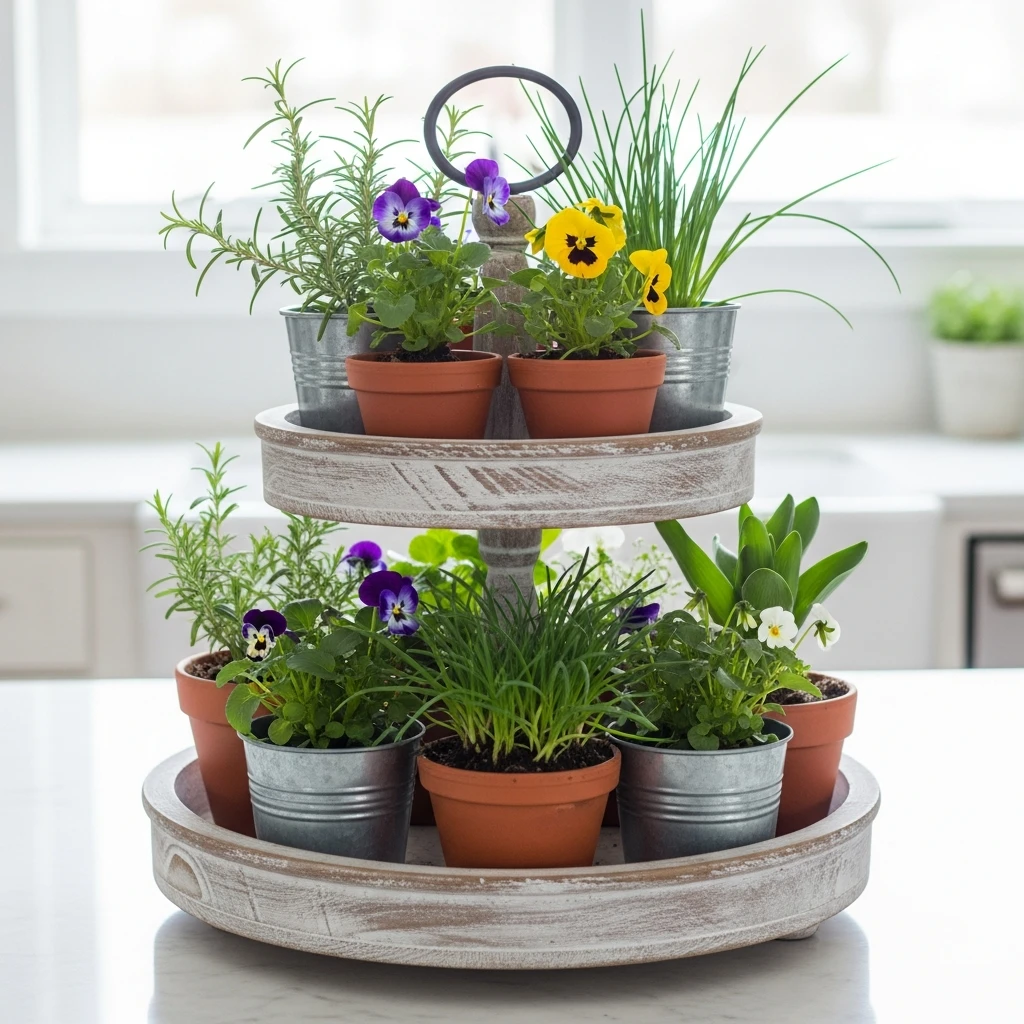 Herbs On A Tiered Tray - 50 Easy Spring Centerpiece Ideas That Look High-End