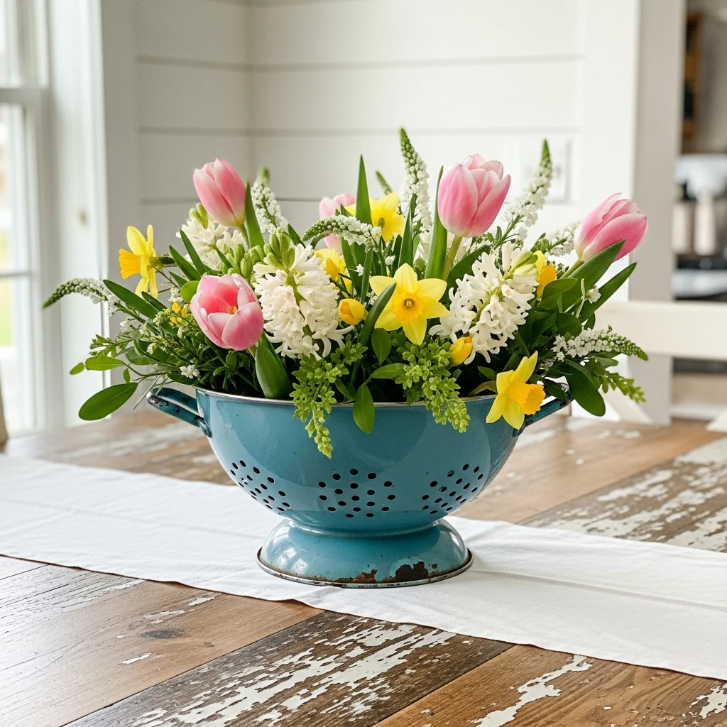 Colander Farmhouse Flowers - 50 Easy Spring Centerpiece Ideas That Look High-End