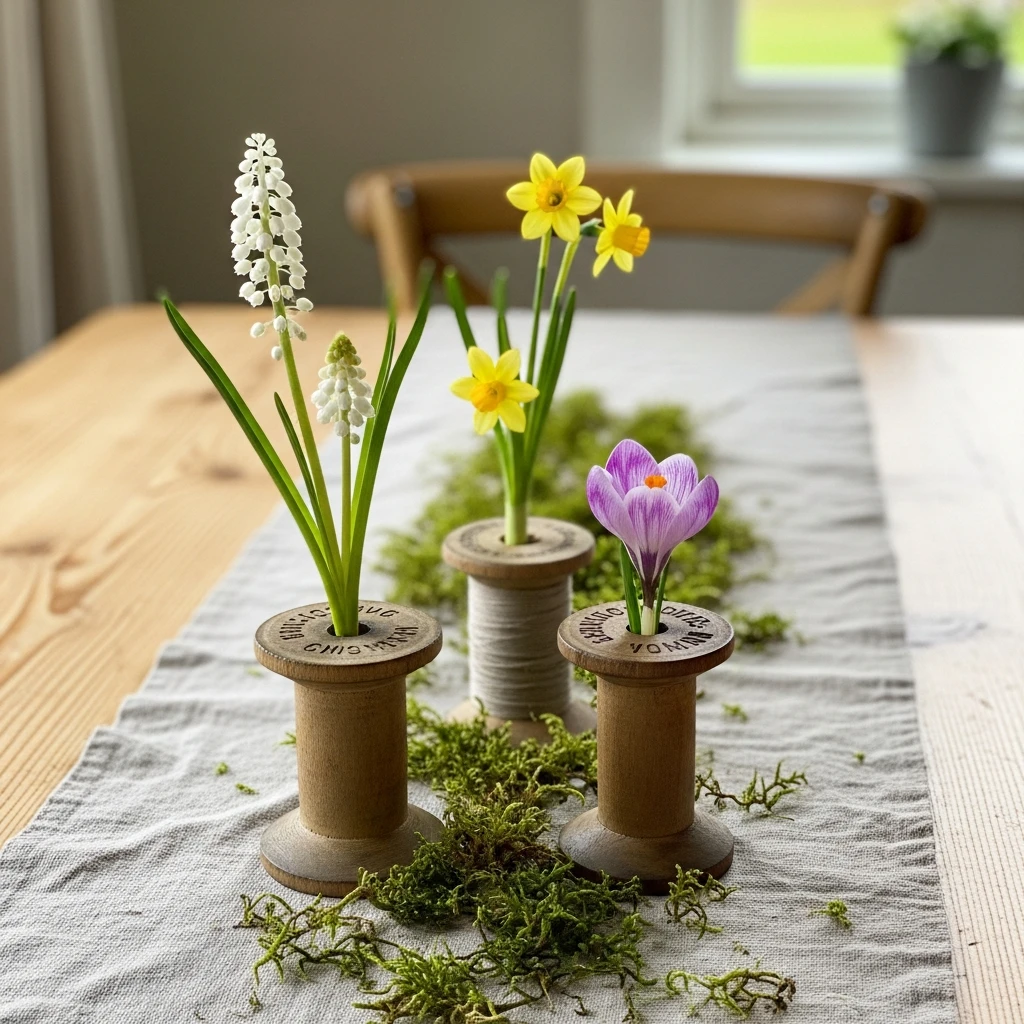 Wooden Spool Flower Bases - 50 Easy Spring Centerpiece Ideas That Look High-End