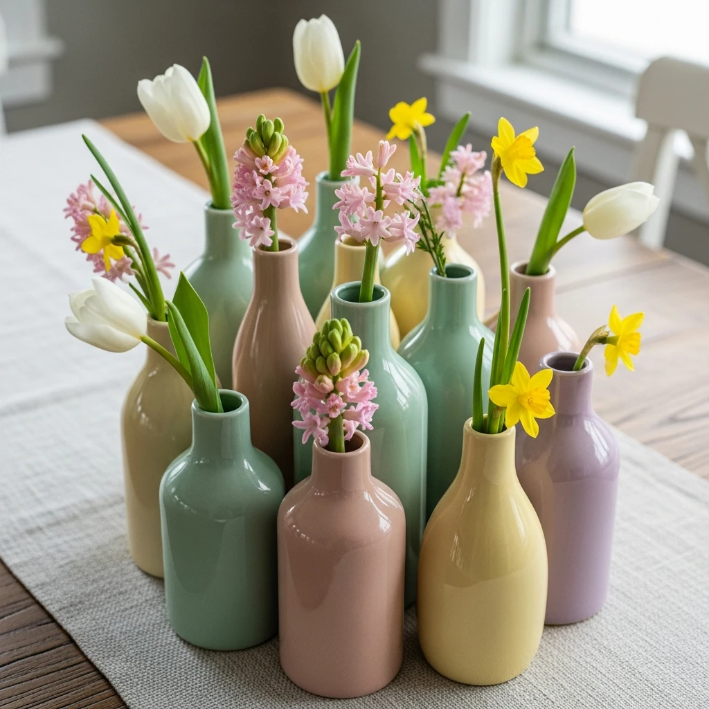 Grouped Pastel Vases - 50 Easy Spring Centerpiece Ideas That Look High-End