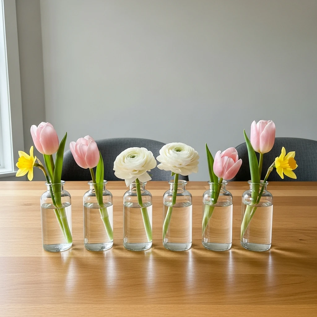 Minimalist Bud Vase Row - 50 Easy Spring Centerpiece Ideas That Look High-End
