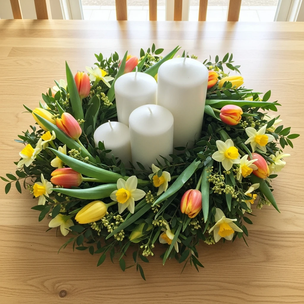 Wreath With Pillar Candles - 50 Easy Spring Centerpiece Ideas That Look High-End