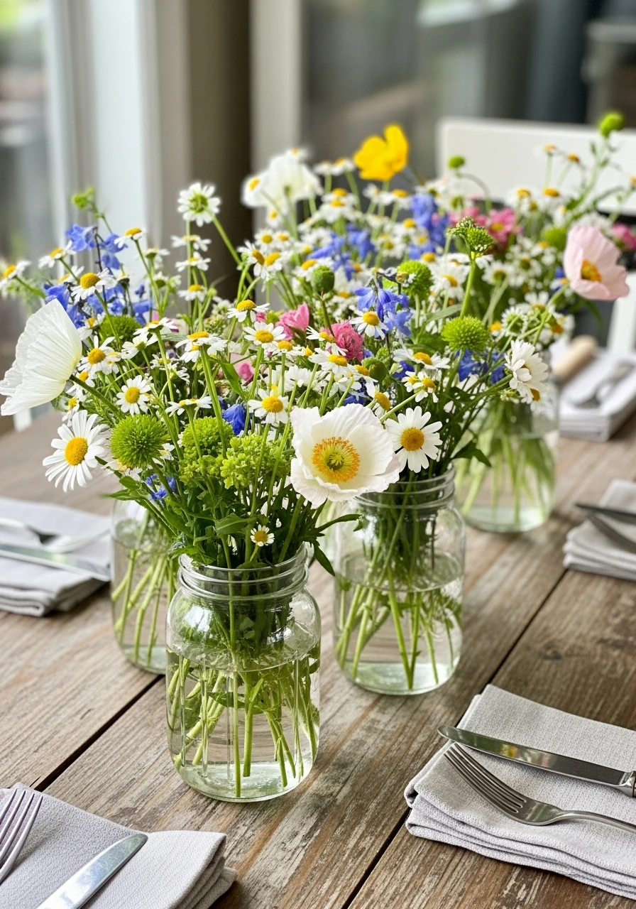 Wildflower Mason Jar Centerpieces - 50 Best Spring Tablescapes Ideas