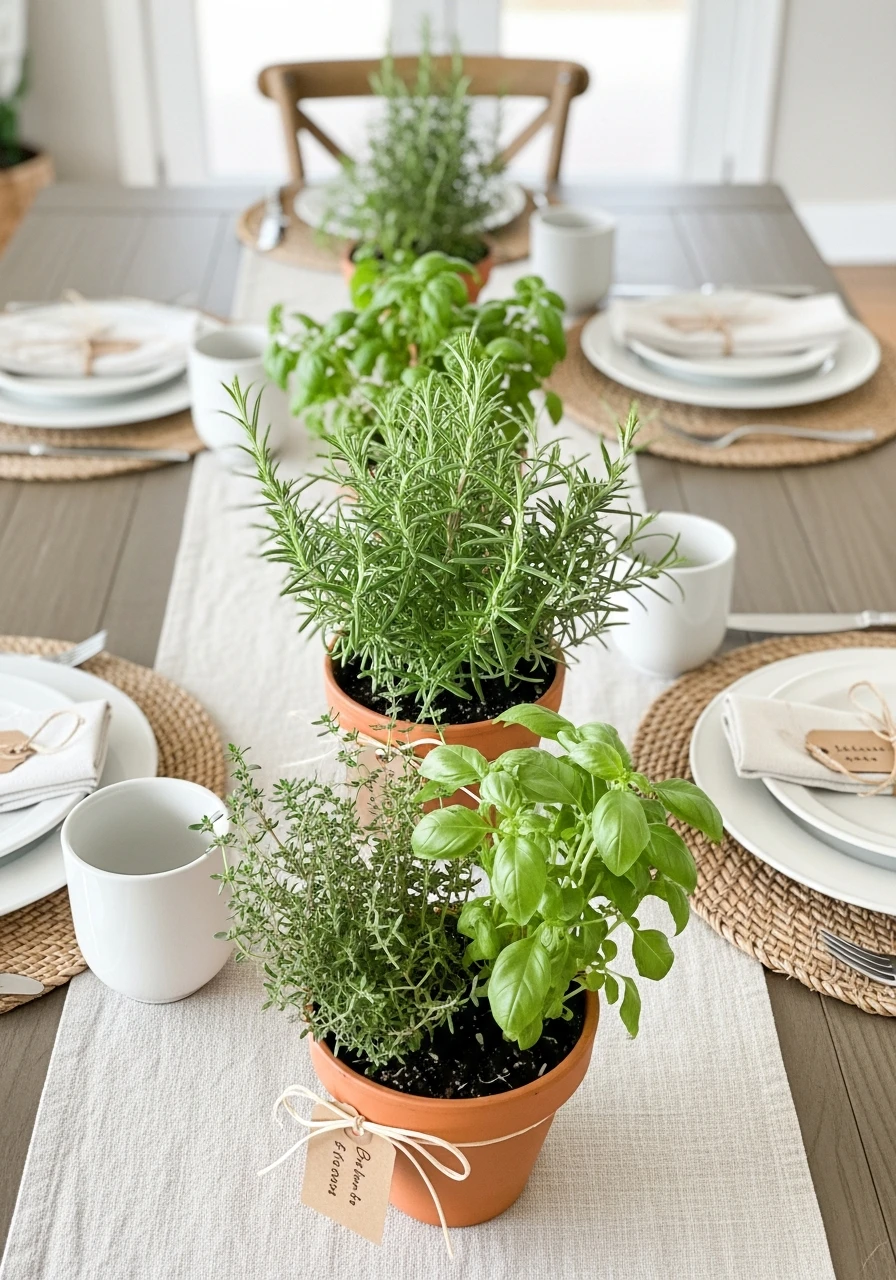 Potted Herb Centerpieces - 50 Best Spring Tablescapes Ideas