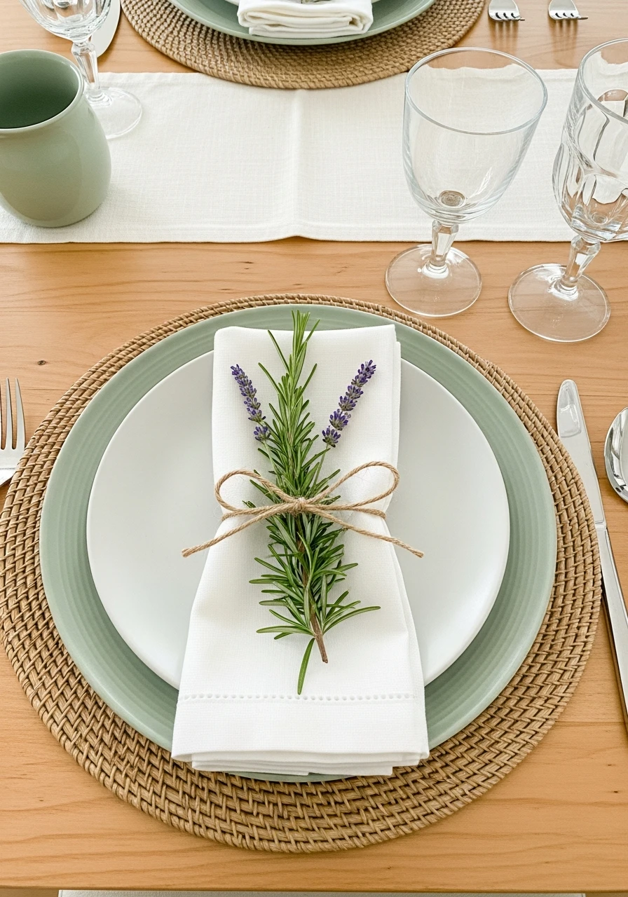 Herb Sprigs on Napkins - 50 Best Spring Tablescapes Ideas