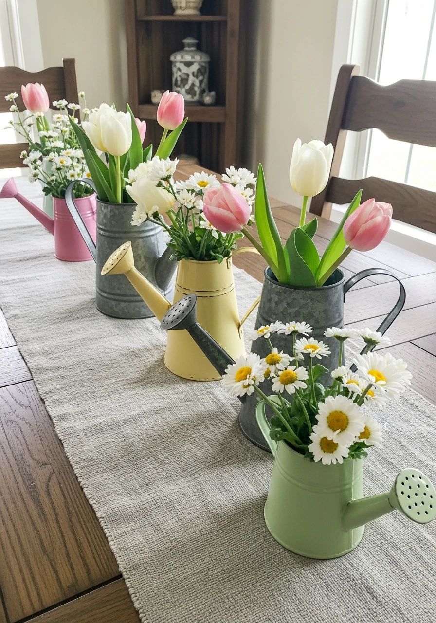 Vintage Watering Can Vases - 50 Best Spring Tablescapes Ideas