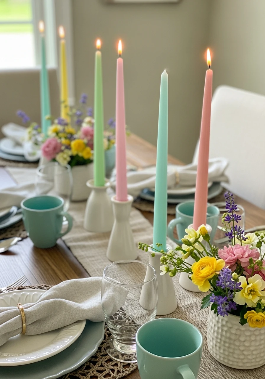 Pastel Taper Candles - 50 Best Spring Tablescapes Ideas