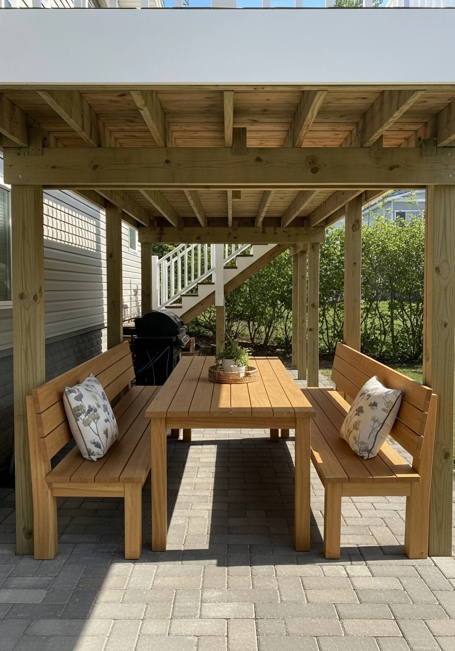 Space-Saving Dining Benches - 50 Genius Under Deck Patio Ideas You Need Now