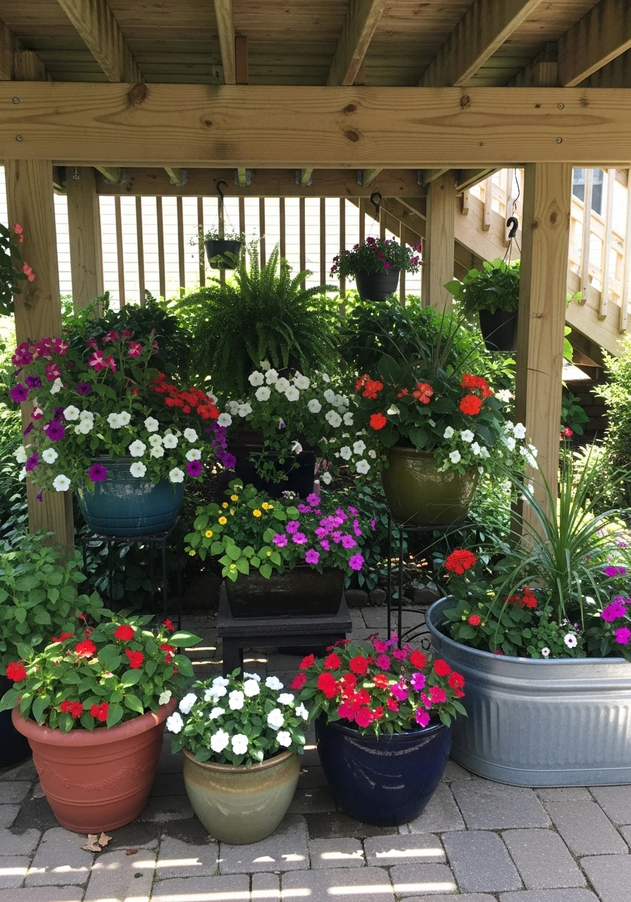 Colorful Container Gardens - 50 Genius Under Deck Patio Ideas You Need Now