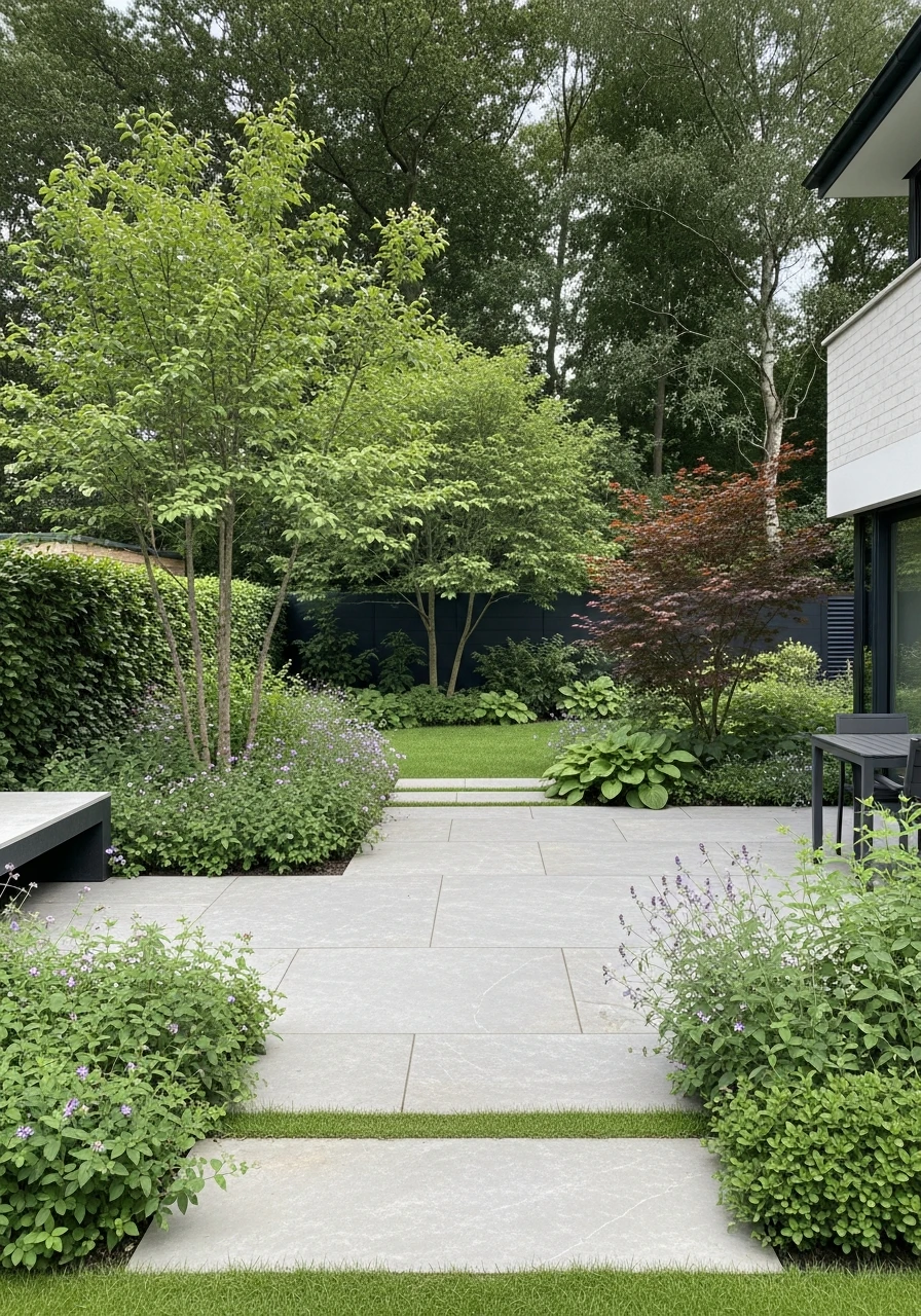 Modern Stone Patio Garden With Plant Borders