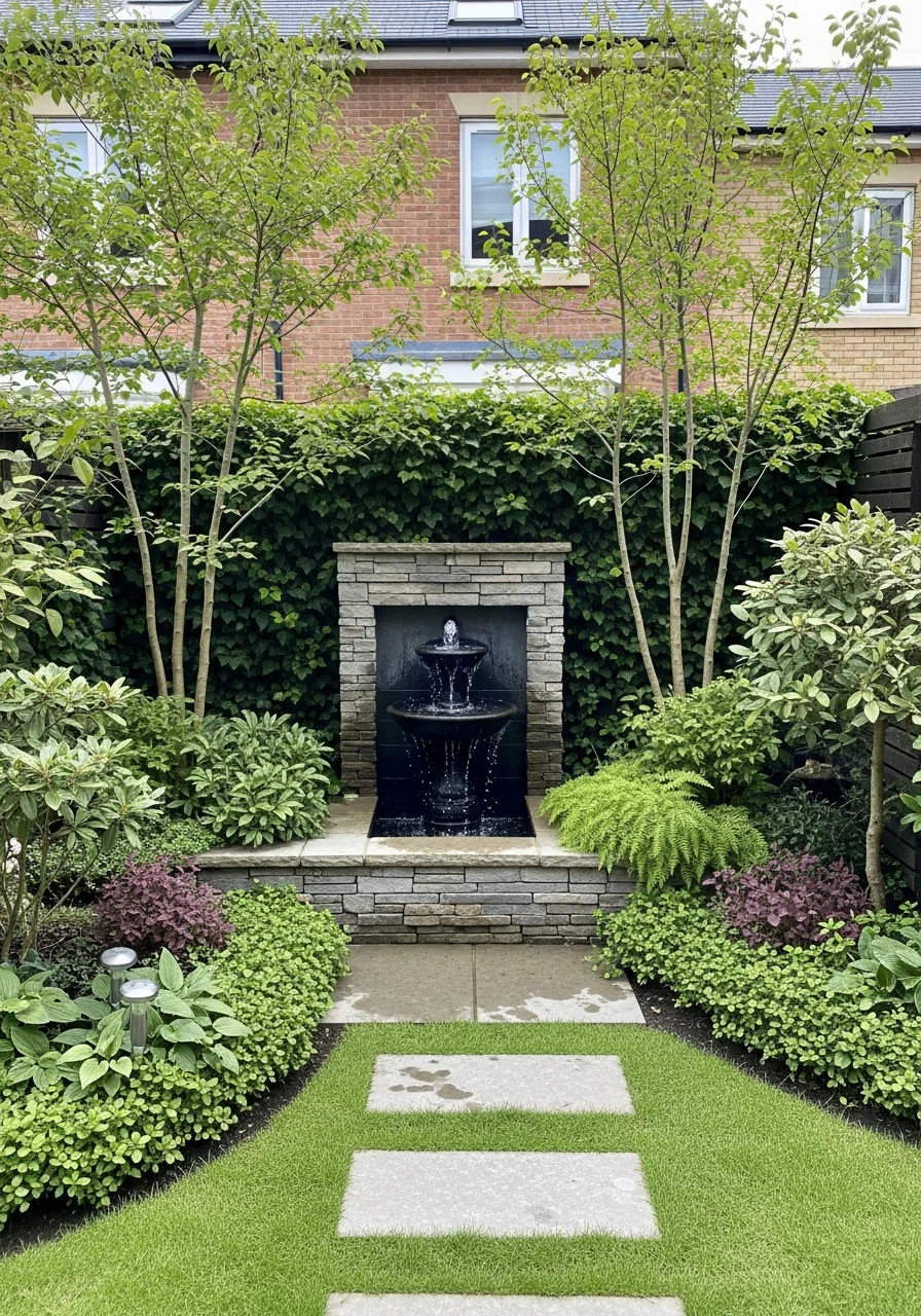 Backyard Garden With Water Feature Fountain