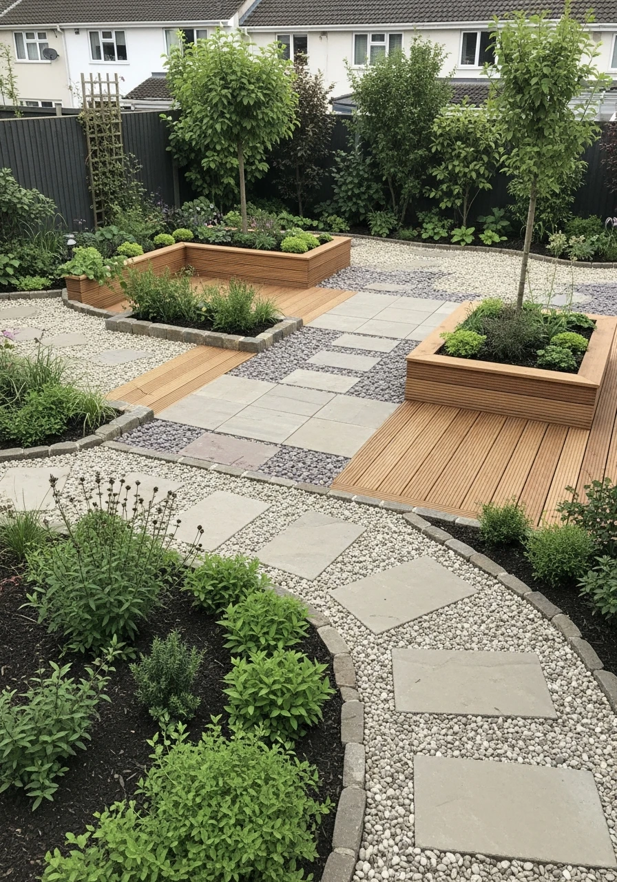 Backyard Garden With Mixed Material Hardscaping