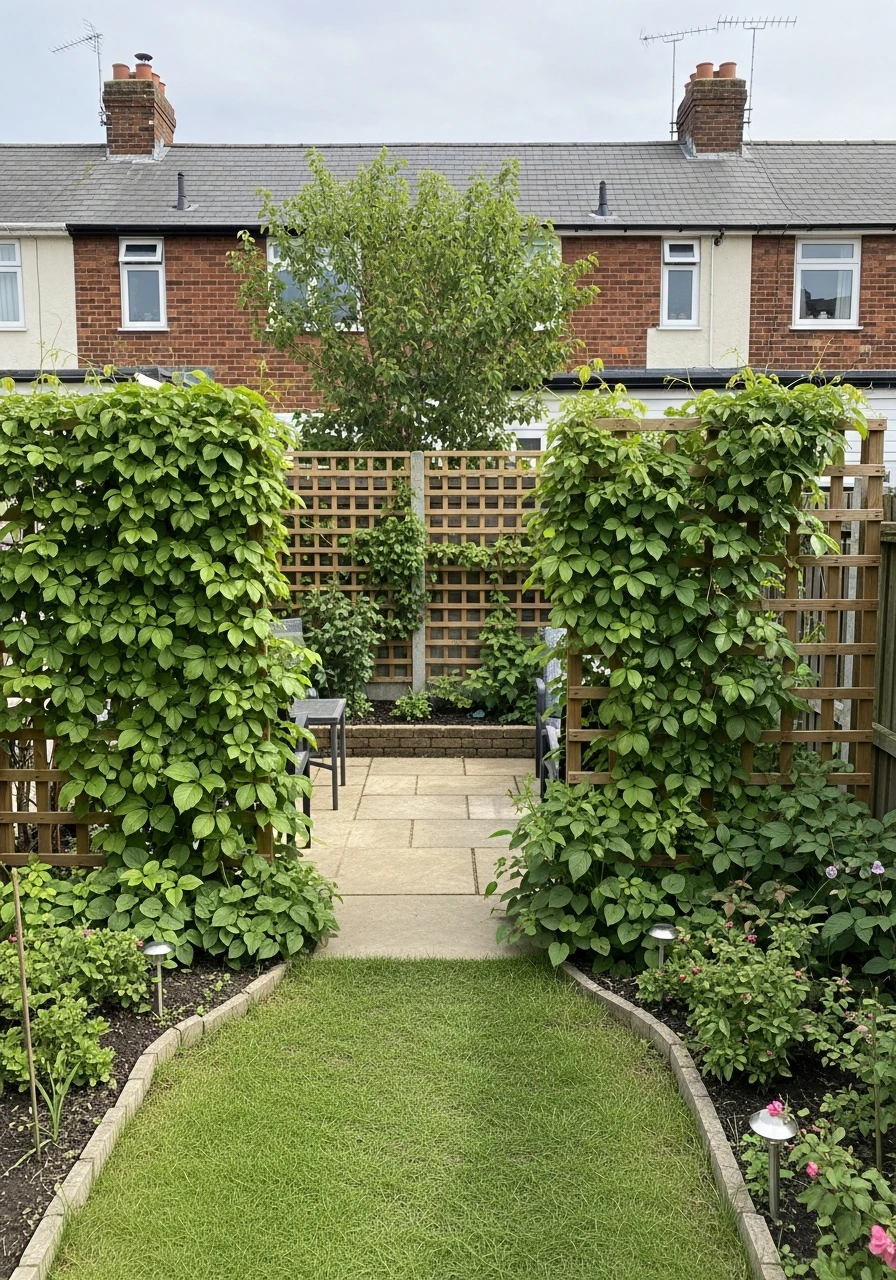Backyard Garden With Climbing Vine Privacy Screens