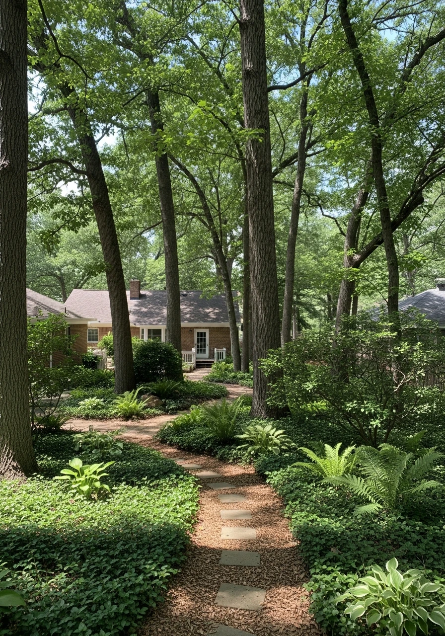 Backyard Garden With Shade Trees and Woodland Feel