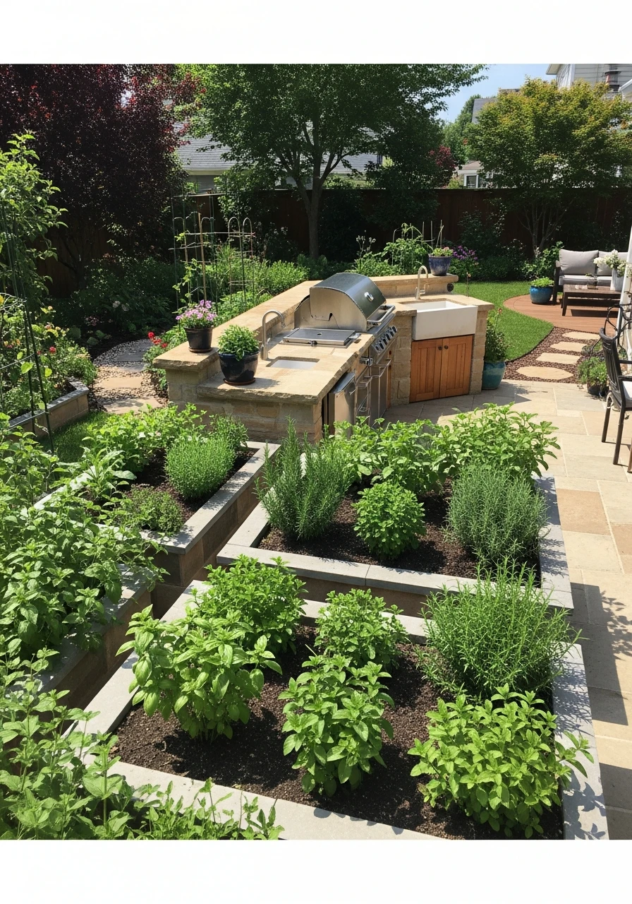 Backyard Garden With Outdoor Kitchen Herb Beds