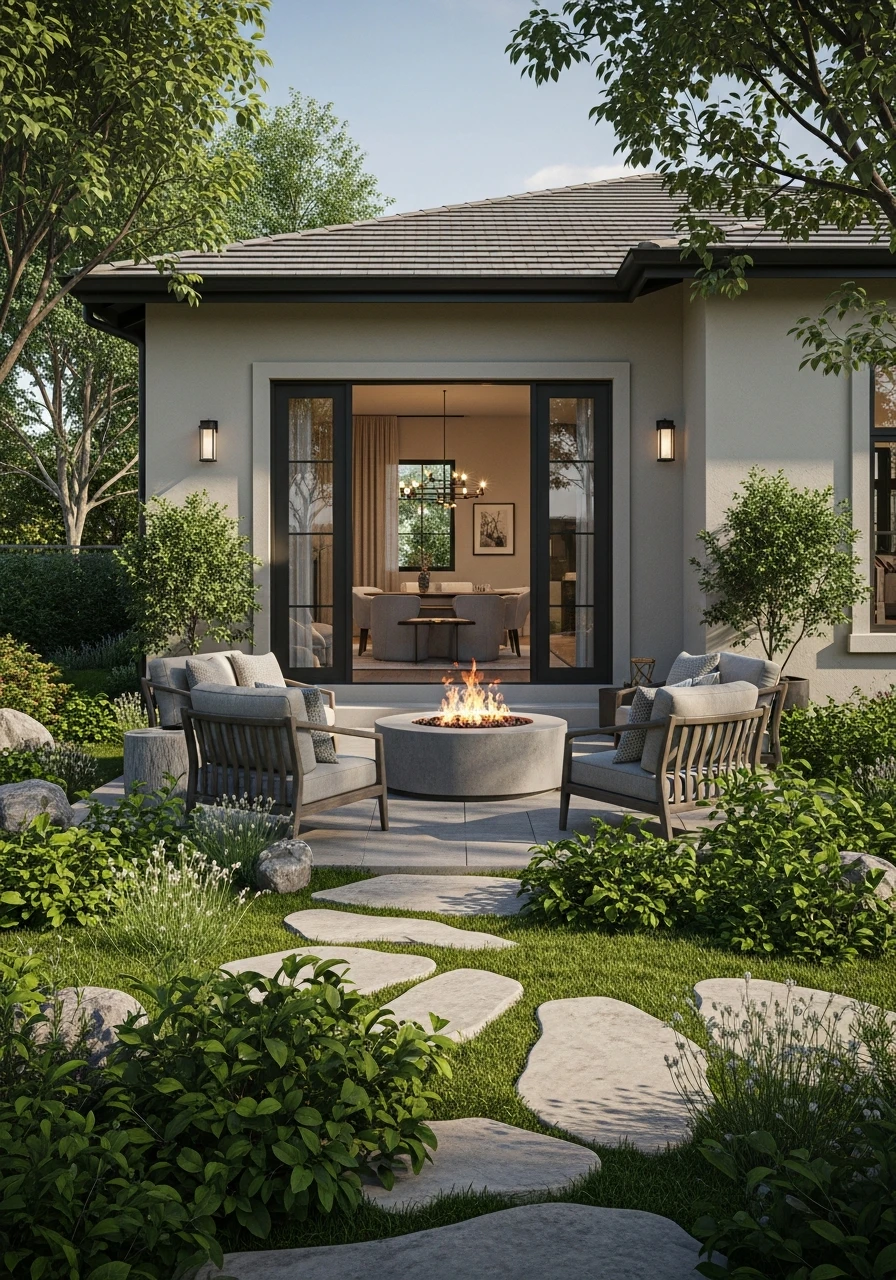 Backyard Garden With Integrated Fire Pit