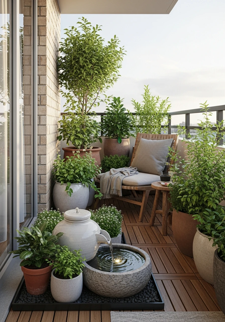 Balcony Garden with Small Water Feature