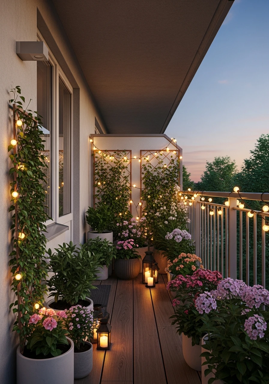 Balcony Garden with Soft String Lights