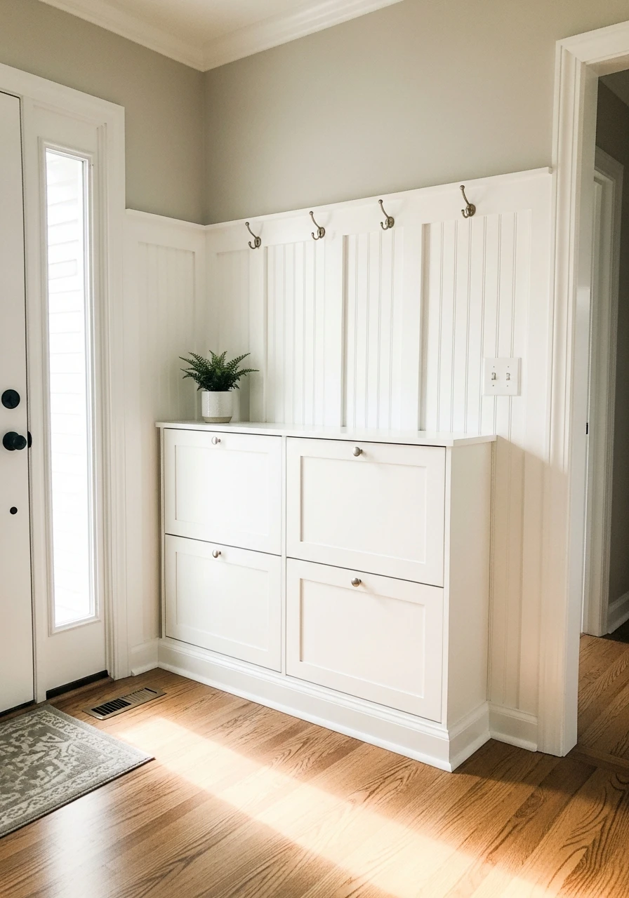 Shoe Storage Solution - 30 Budget Ideas for a Stunning Bead Board Entry Wall