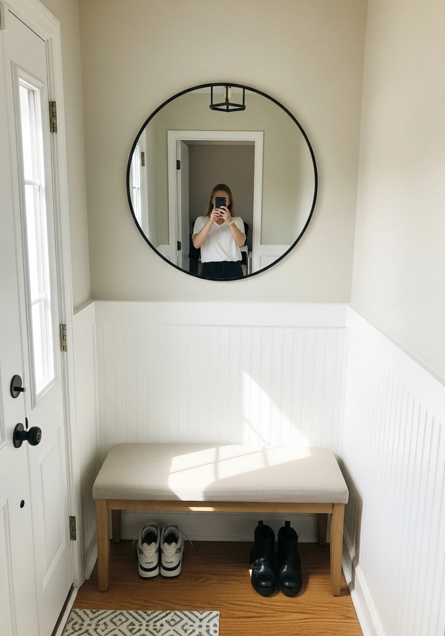 Round Mirror Above - 30 Budget Ideas for a Stunning Bead Board Entry Wall