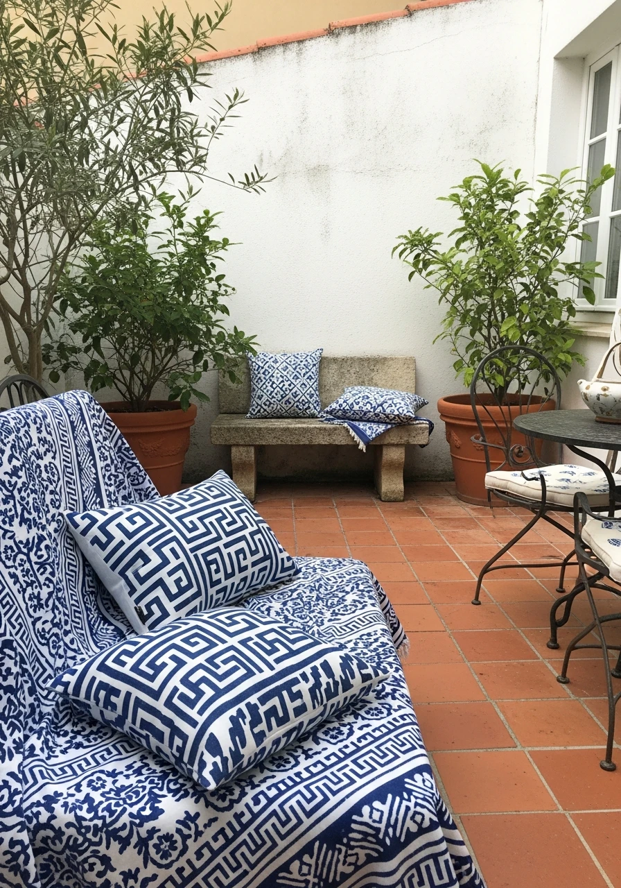 Add Blue and White Textiles - 50 Budget European Backyard Ideas That Look High-End