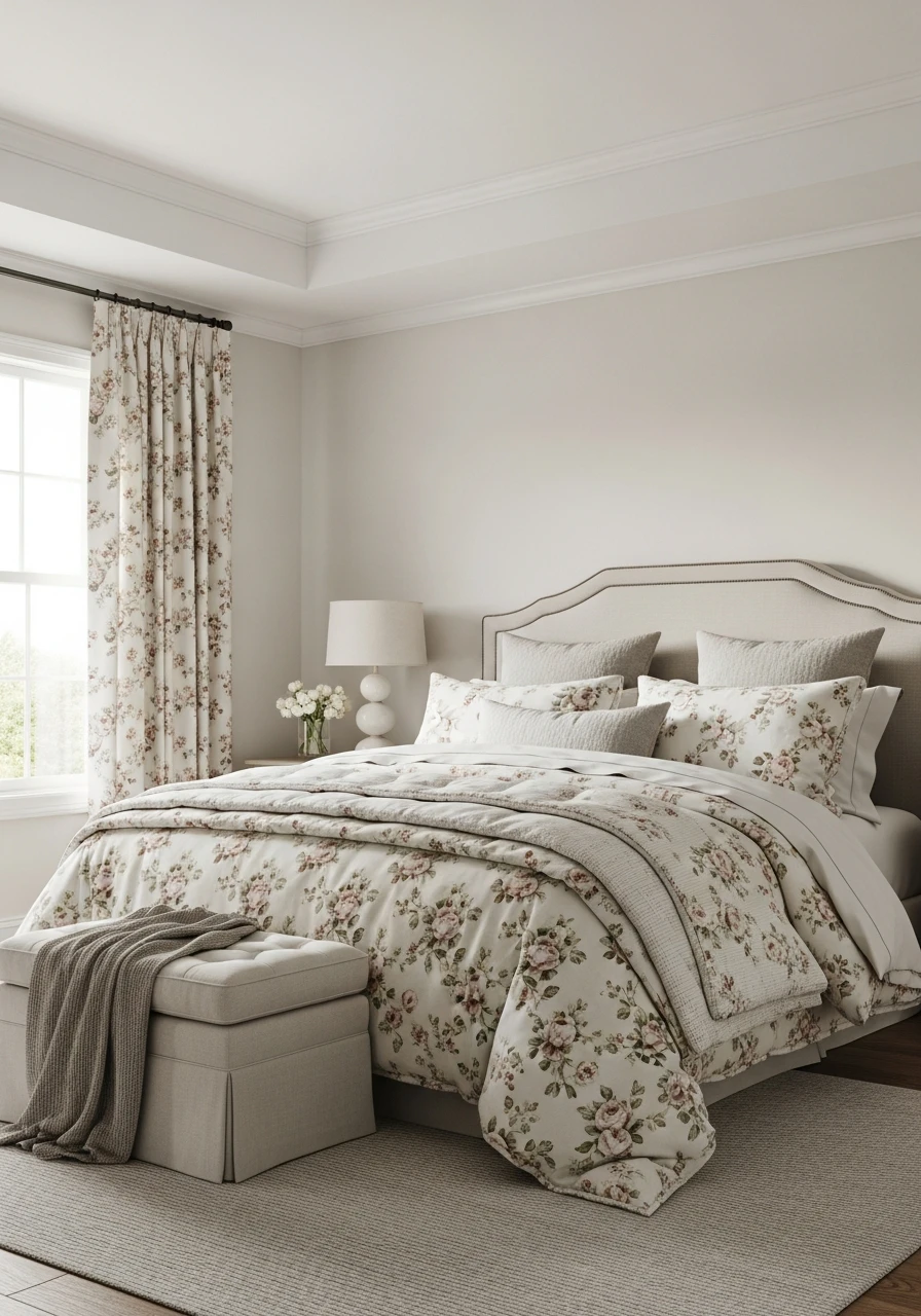Heirloom Rose Print Bedding With Soft Cream Layers